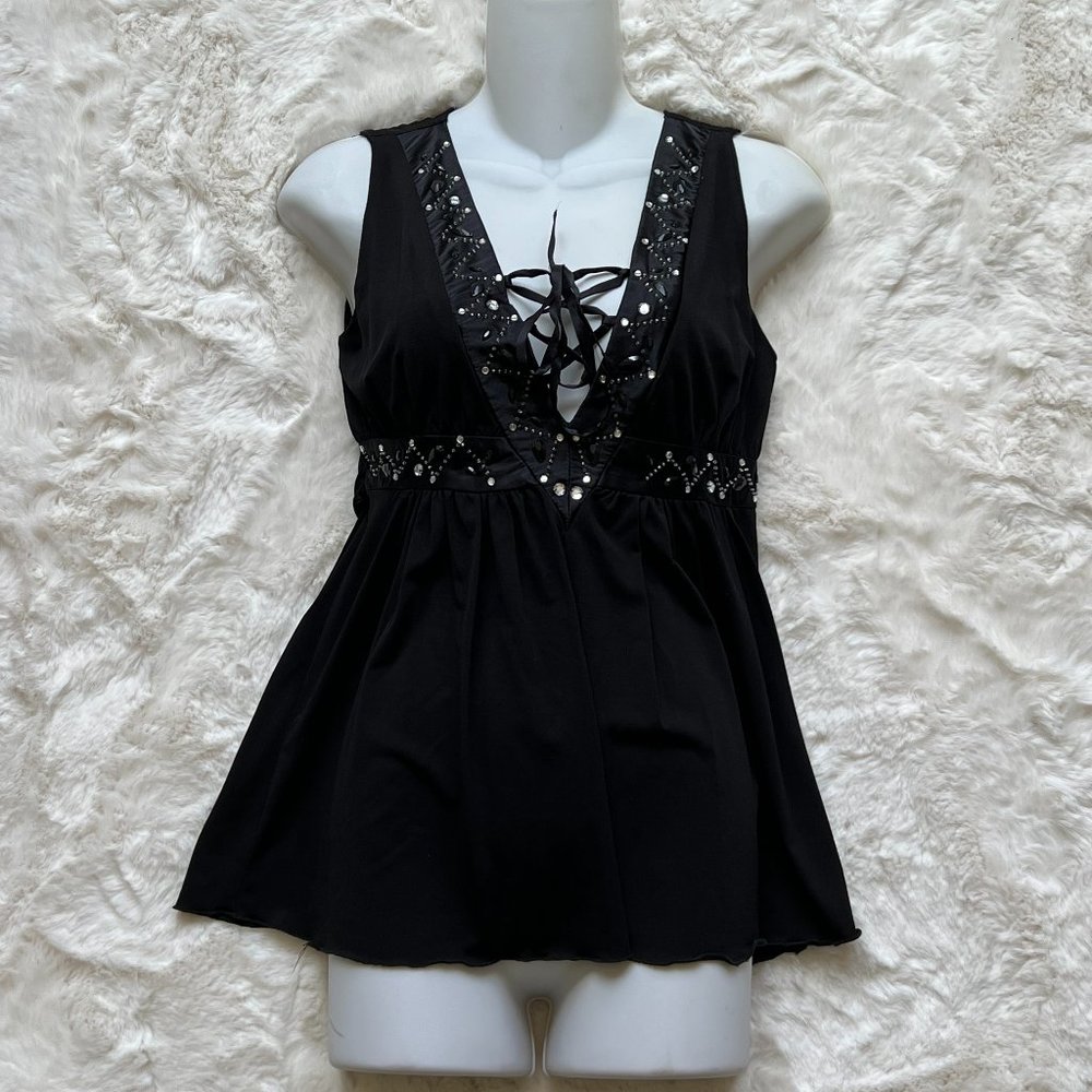 Arden B Black Babydoll Rhinestone V-neck, Sleeveless Tank Top
